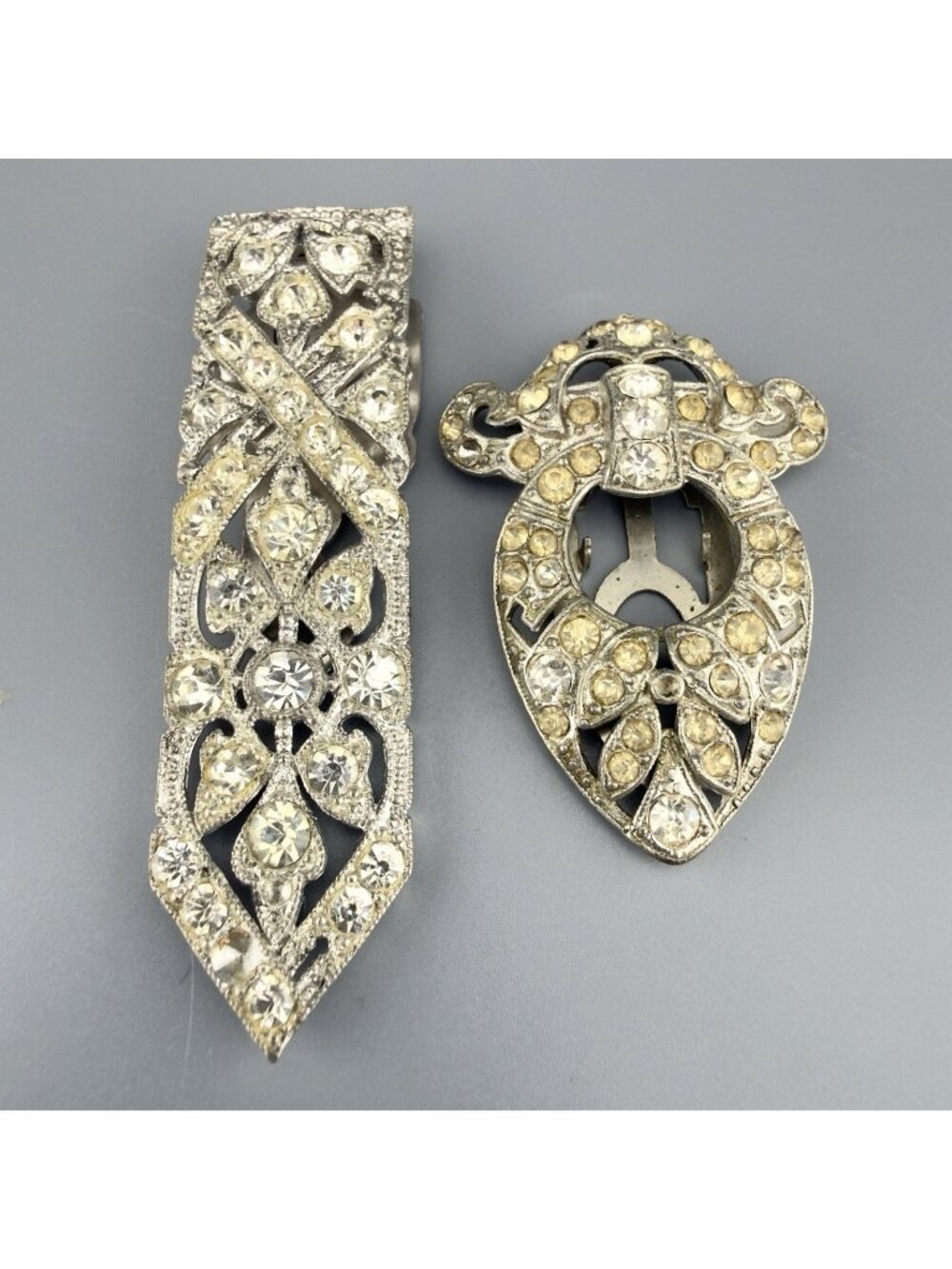 Vintage Art Deco Rhinestone Dress Fur Clip Set of 2 Silver Tone READ